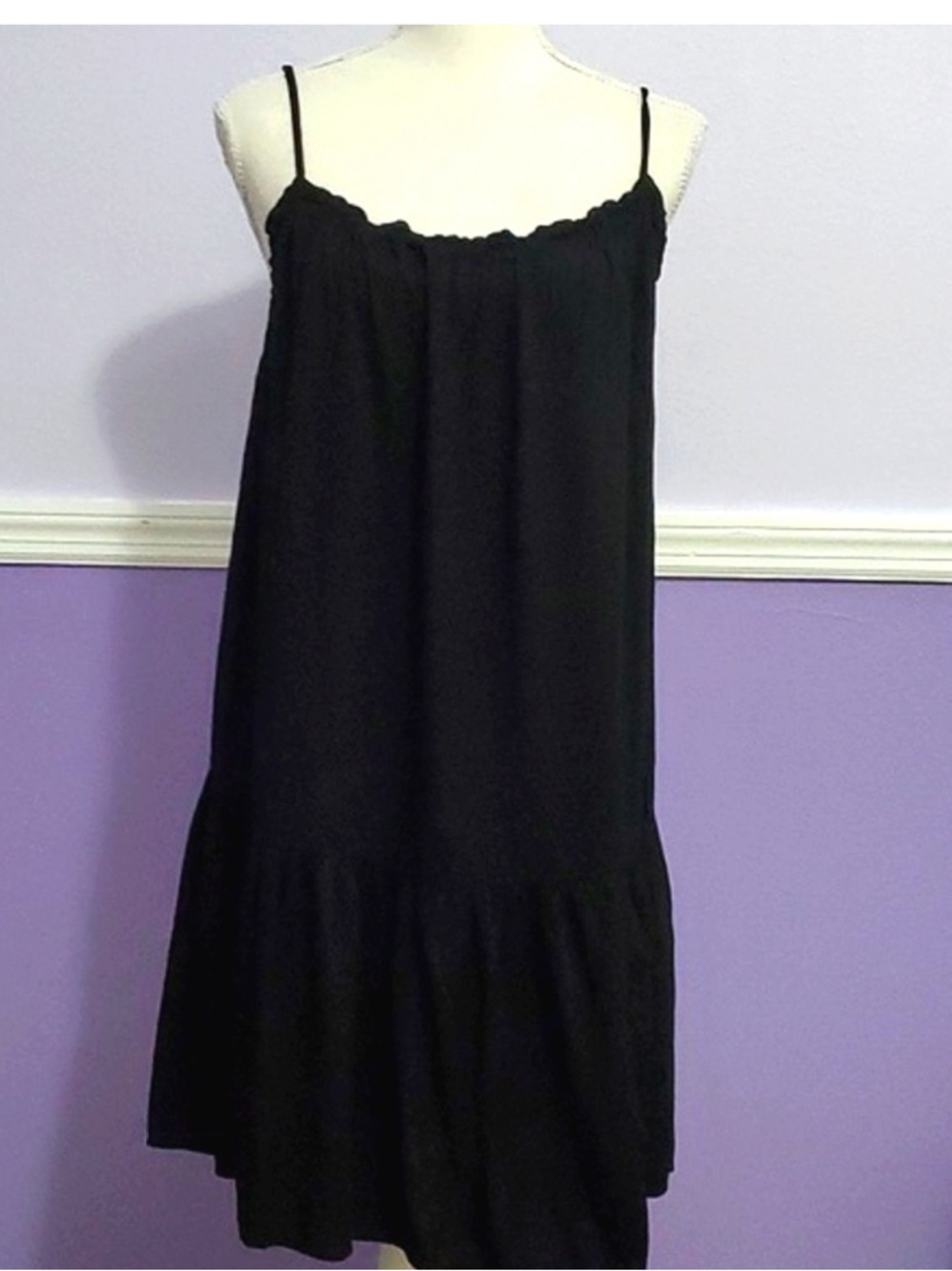 H&M Boho Beachy Black Spaghetti Strap Tiered Flowy Mini Dress M